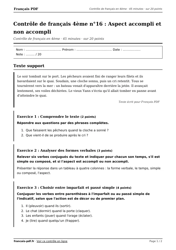 Contrôle de français 4ème n°16 en PDF