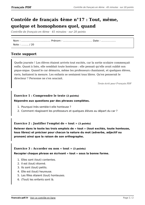 Contrôle de français 4ème n°17 en PDF