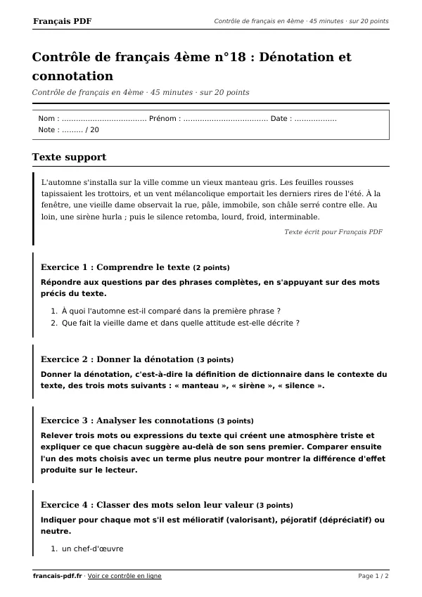 Contrôle de français 4ème n°18 en PDF