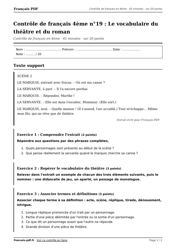 Contrôle de français 4ème n°19 en PDF