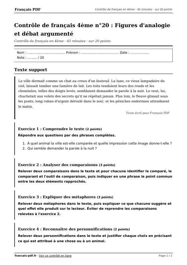 Contrôle de français 4ème n°20 en PDF