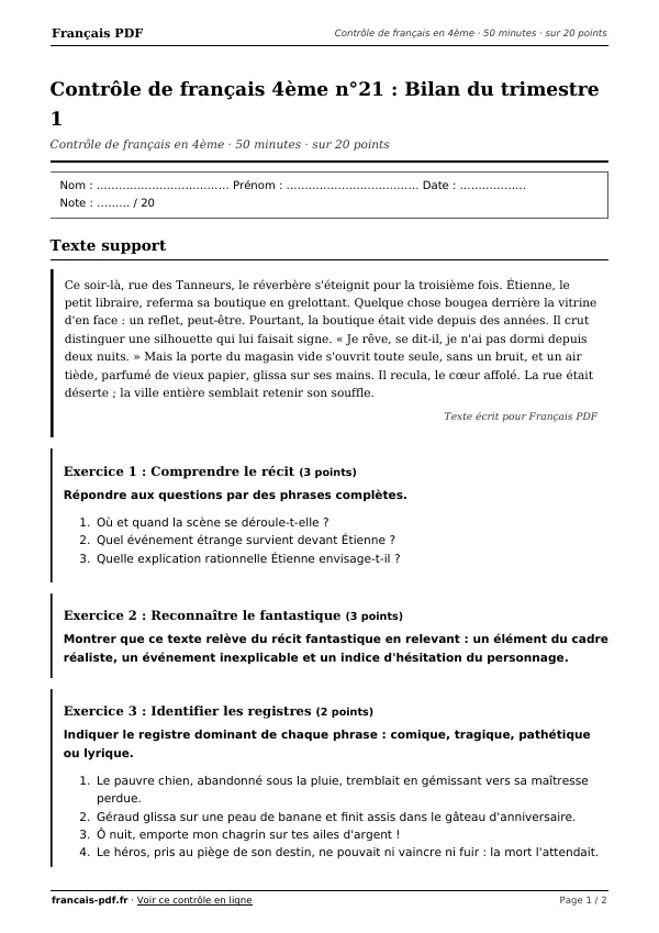 Contrôle de français 4ème n°21 en PDF