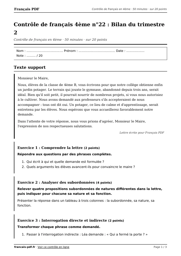 Contrôle de français 4ème n°22 en PDF