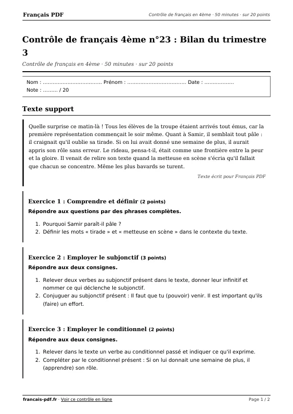 Contrôle de français 4ème n°23 en PDF