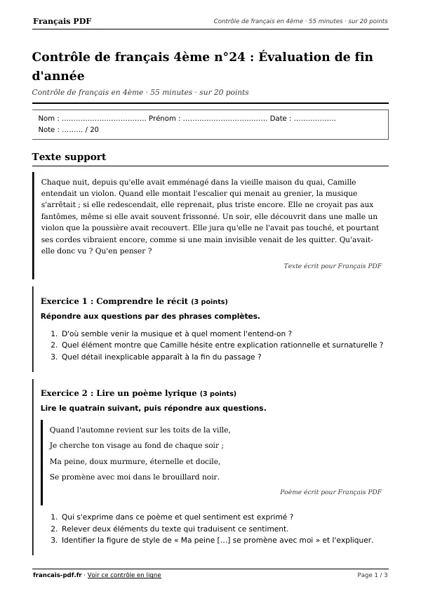 Contrôle de français 4ème n°24 en PDF