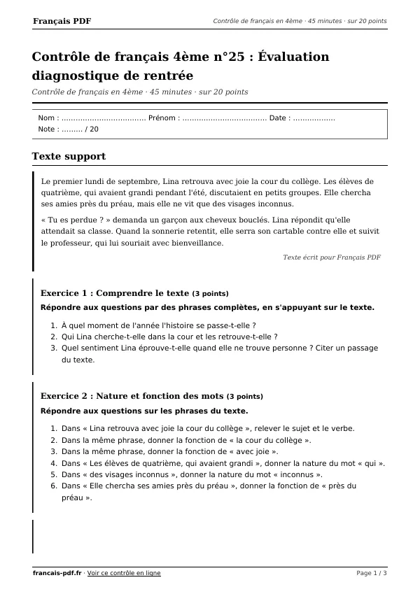 Contrôle de français 4ème n°25 en PDF