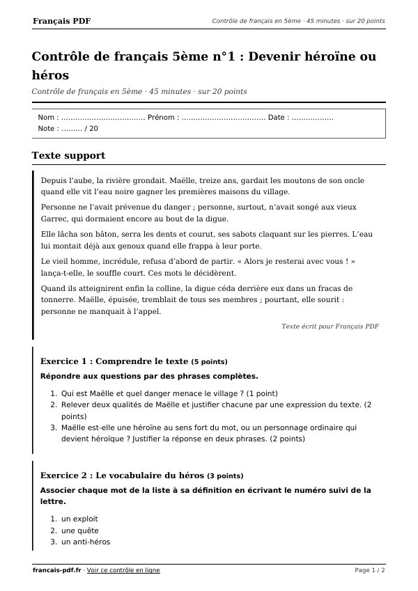 Contrôle de français 5ème n°1 en PDF