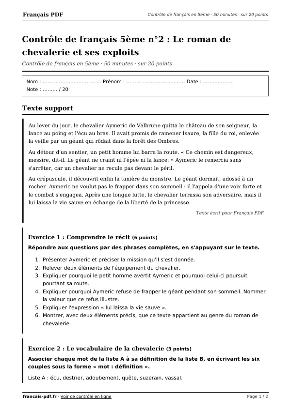 Contrôle de français 5ème n°2 en PDF