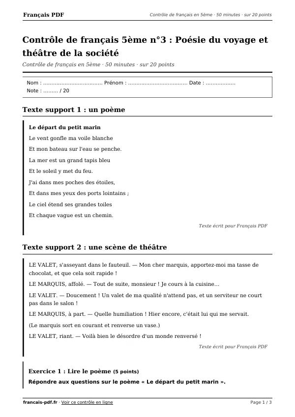Contrôle de français 5ème n°3 en PDF