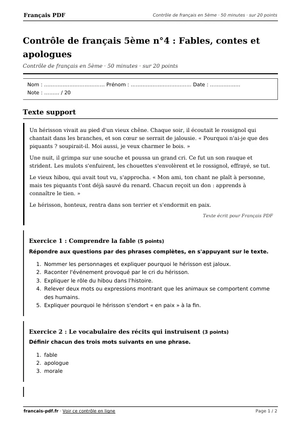 Contrôle de français 5ème n°4 en PDF