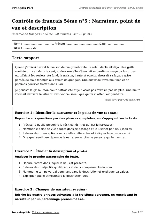 Contrôle de français 5ème n°5 en PDF