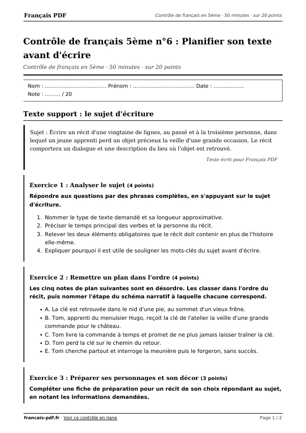 Contrôle de français 5ème n°6 en PDF