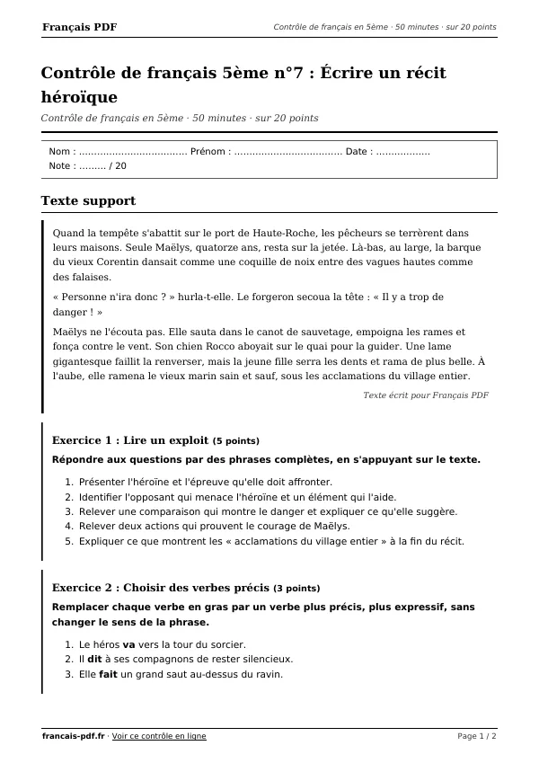 Contrôle de français 5ème n°7 en PDF