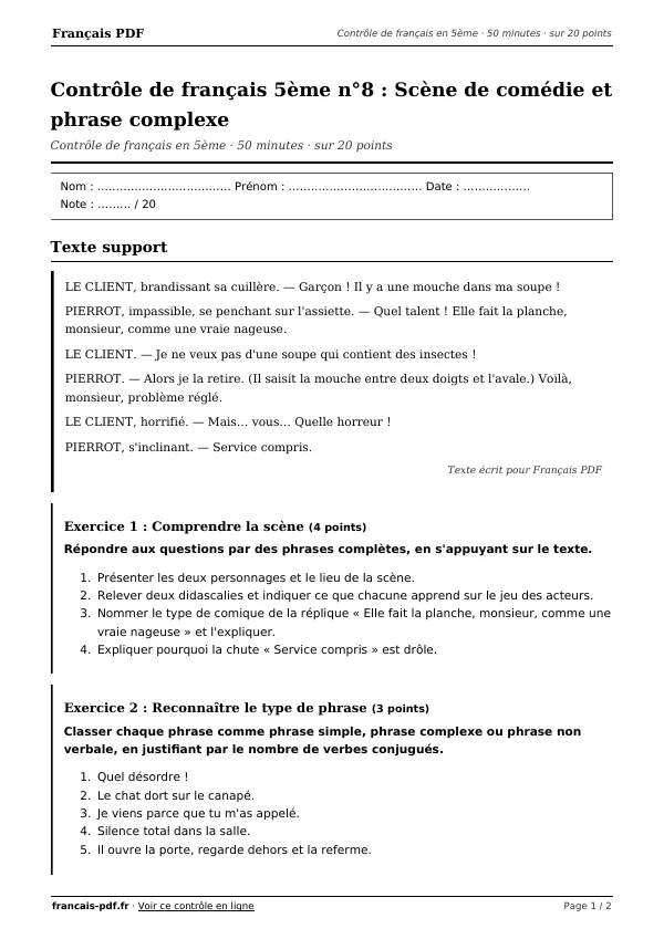 Contrôle de français 5ème n°8 en PDF