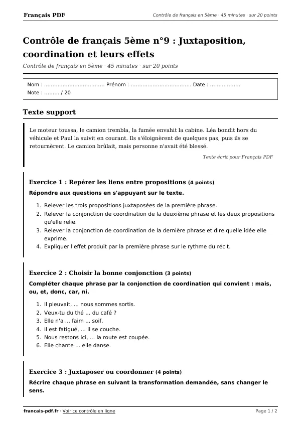 Contrôle de français 5ème n°9 en PDF