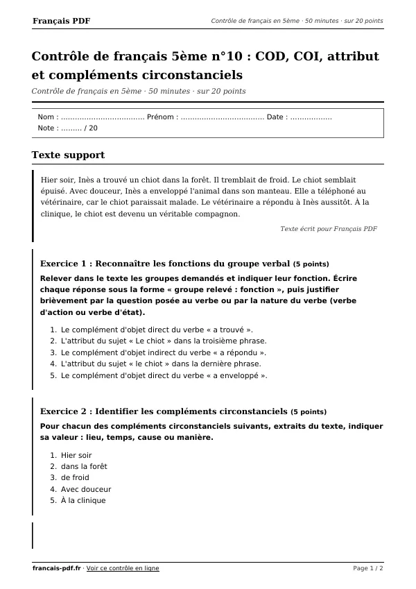 Contrôle de français 5ème n°10 en PDF