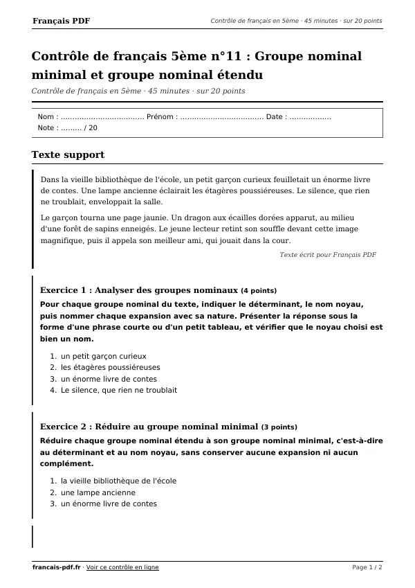 Contrôle de français 5ème n°11 en PDF