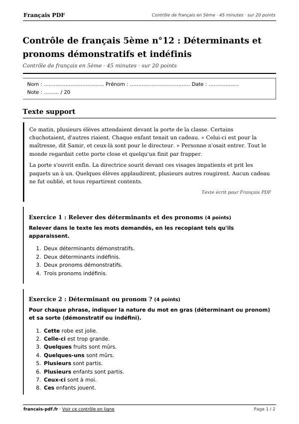 Contrôle de français 5ème n°12 en PDF