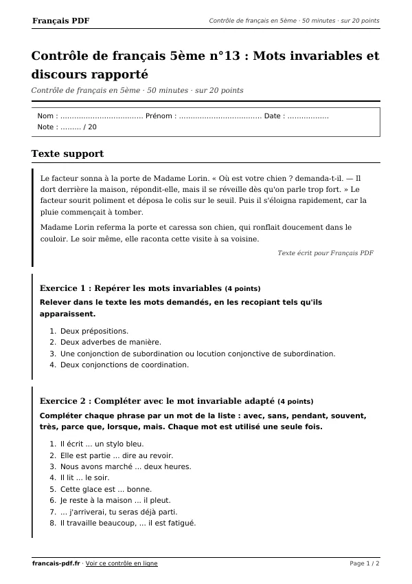 Contrôle de français 5ème n°13 en PDF