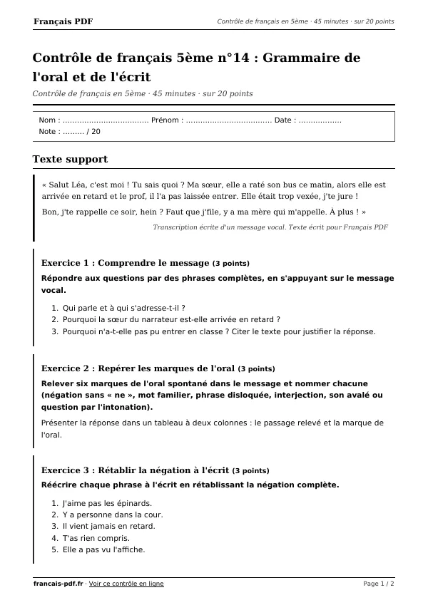 Contrôle de français 5ème n°14 en PDF