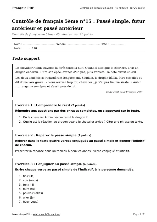 Contrôle de français 5ème n°15 en PDF