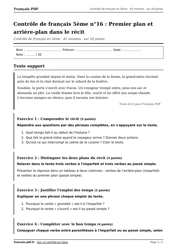 Contrôle de français 5ème n°16 en PDF