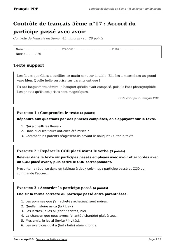 Contrôle de français 5ème n°17 en PDF