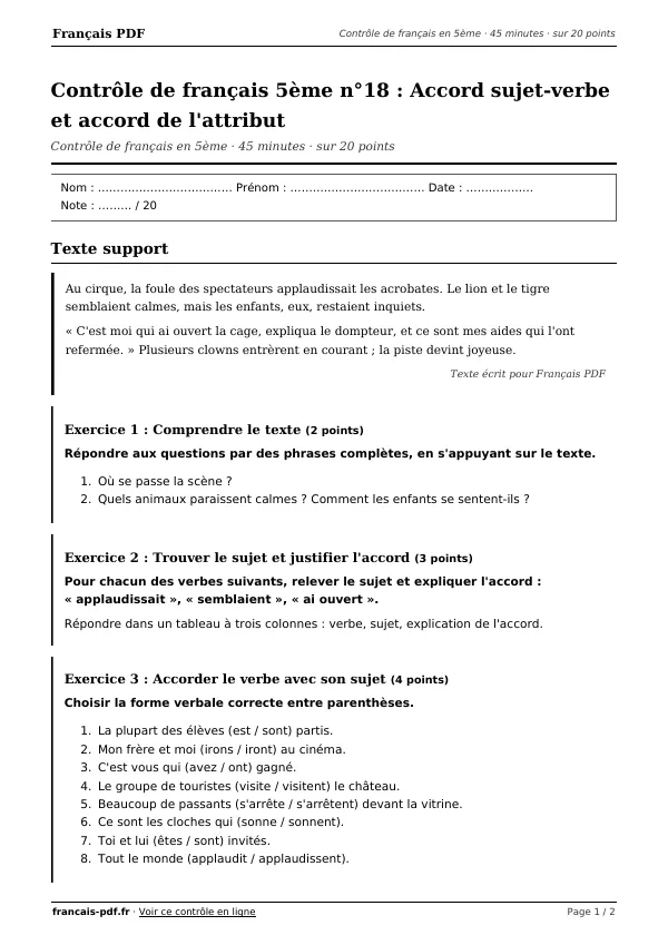 Contrôle de français 5ème n°18 en PDF