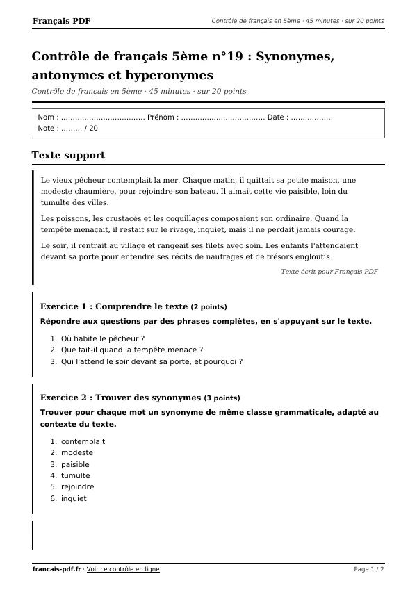 Contrôle de français 5ème n°19 en PDF