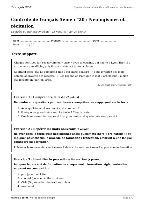 Contrôle de français 5ème n°20 en PDF