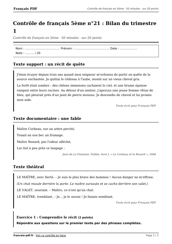 Contrôle de français 5ème n°21 en PDF