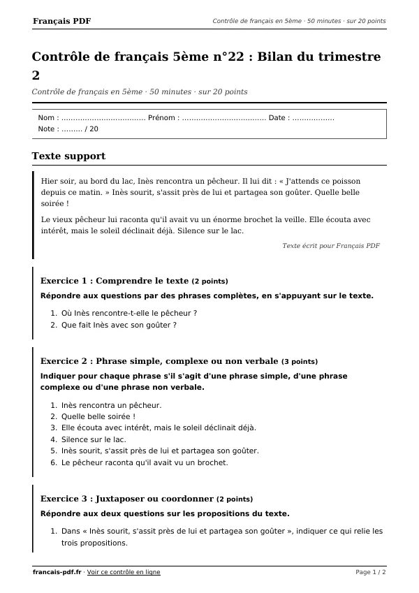 Contrôle de français 5ème n°22 en PDF