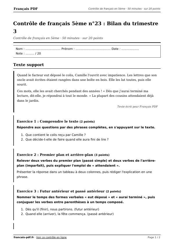 Contrôle de français 5ème n°23 en PDF