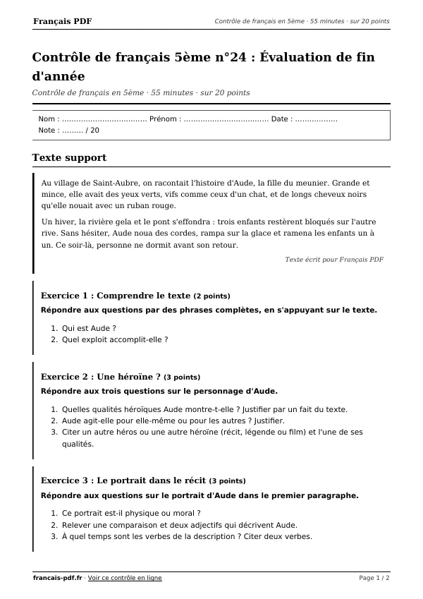 Contrôle de français 5ème n°24 en PDF