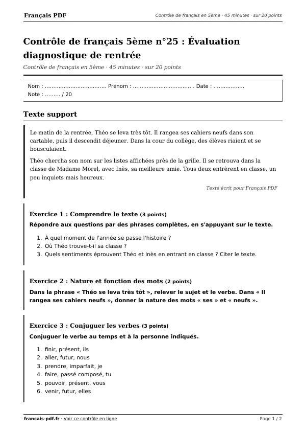 Contrôle de français 5ème n°25 en PDF