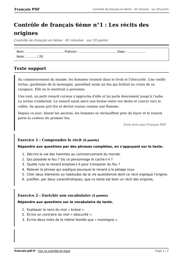 Contrôle de français 6ème n°1 en PDF