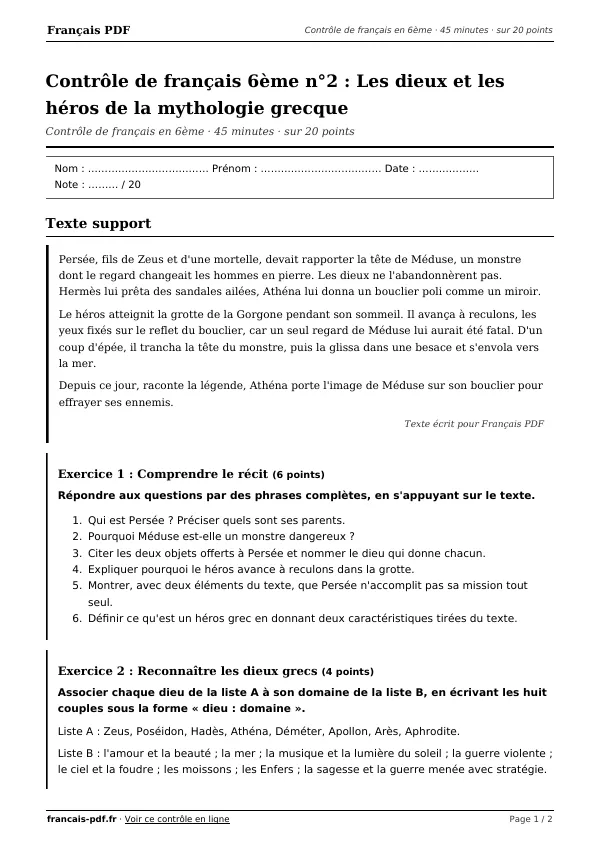 Contrôle de français 6ème n°2 en PDF