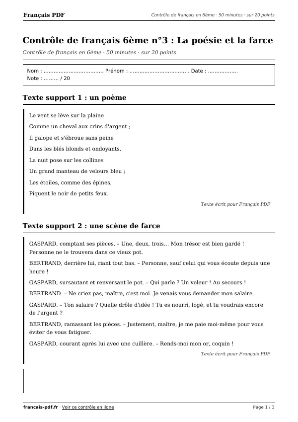 Contrôle de français 6ème n°3 en PDF