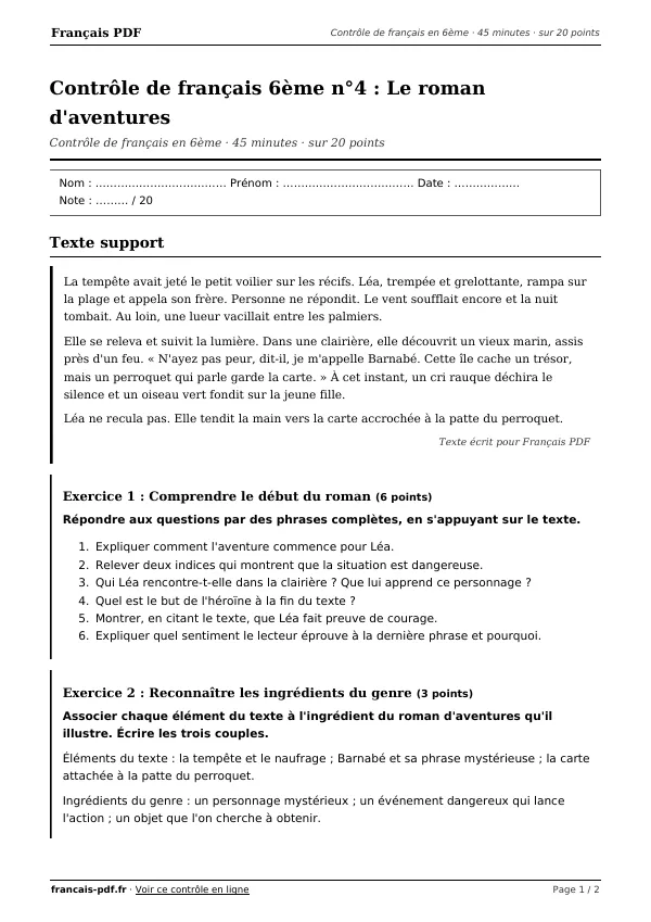 Contrôle de français 6ème n°4 en PDF