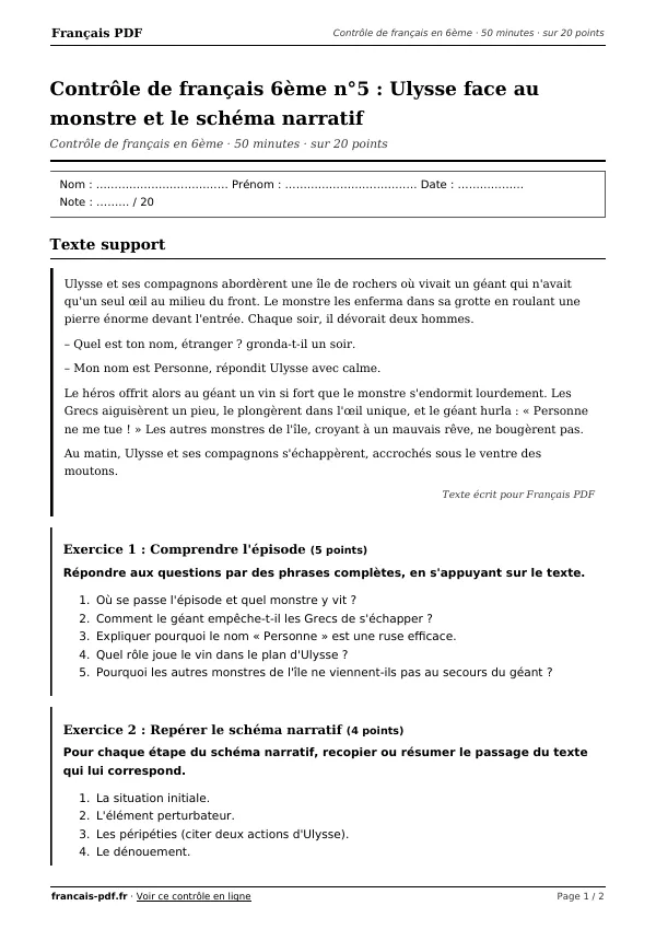 Contrôle de français 6ème n°5 en PDF