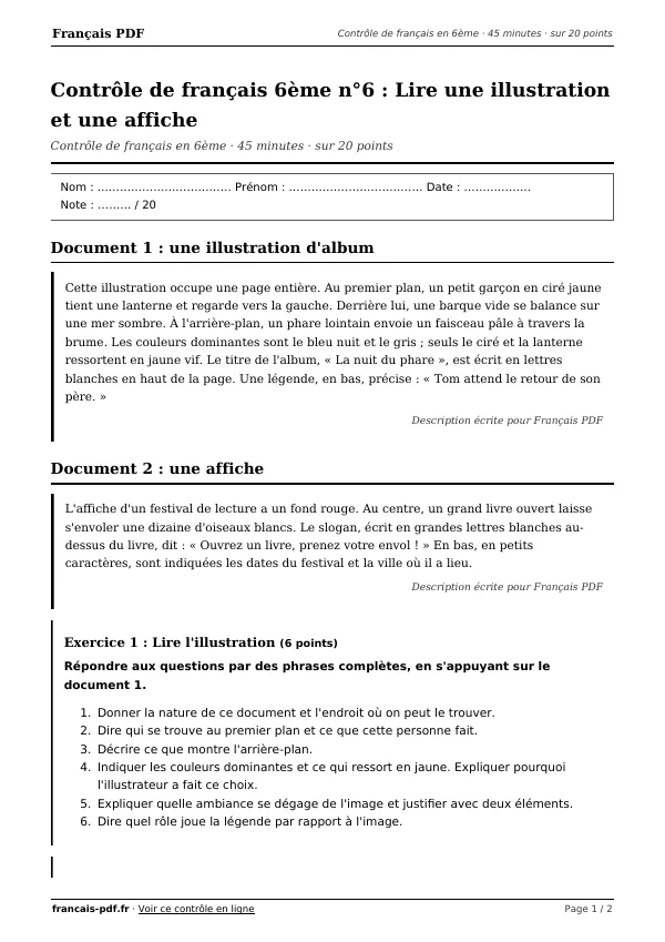 Contrôle de français 6ème n°6 en PDF