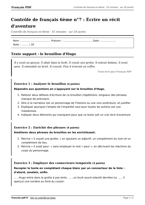 Contrôle de français 6ème n°7 en PDF