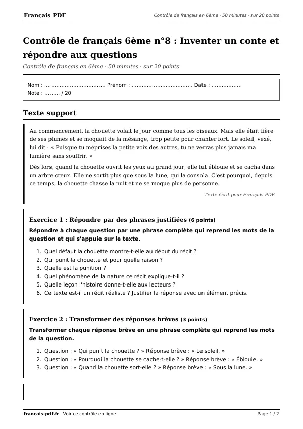 Contrôle de français 6ème n°8 en PDF
