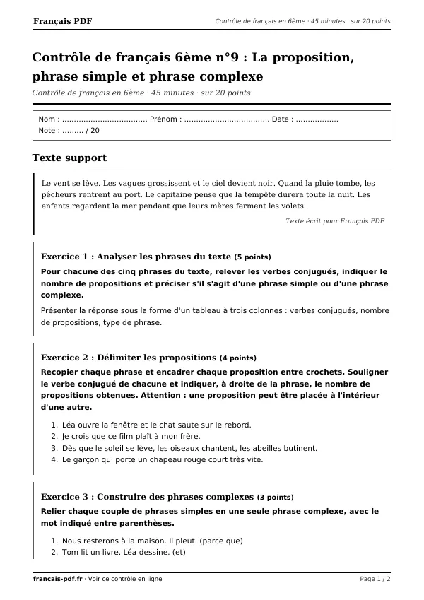 Contrôle de français 6ème n°9 en PDF