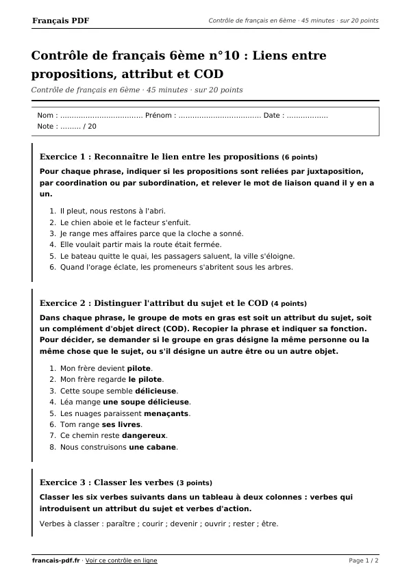 Contrôle de français 6ème n°10 en PDF