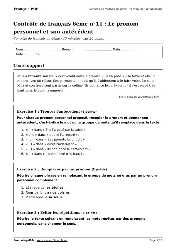 Contrôle de français 6ème n°11 en PDF