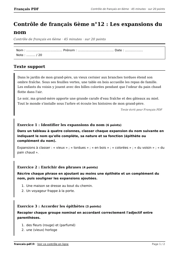 Contrôle de français 6ème n°12 en PDF