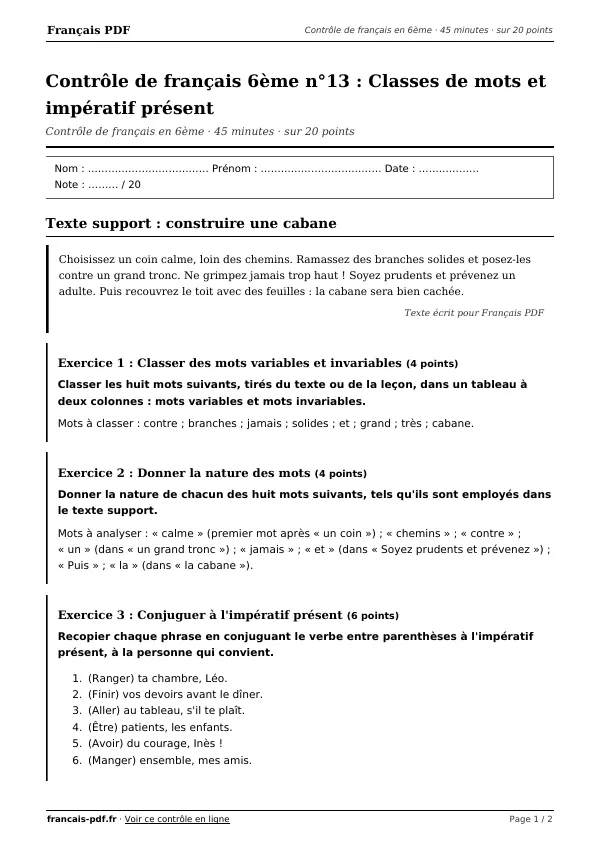 Contrôle de français 6ème n°13 en PDF
