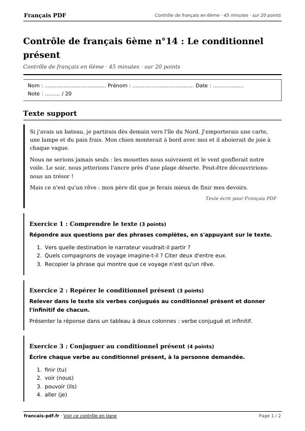 Contrôle de français 6ème n°14 en PDF
