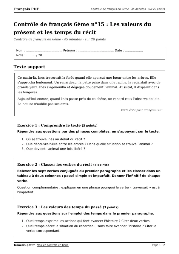 Contrôle de français 6ème n°15 en PDF